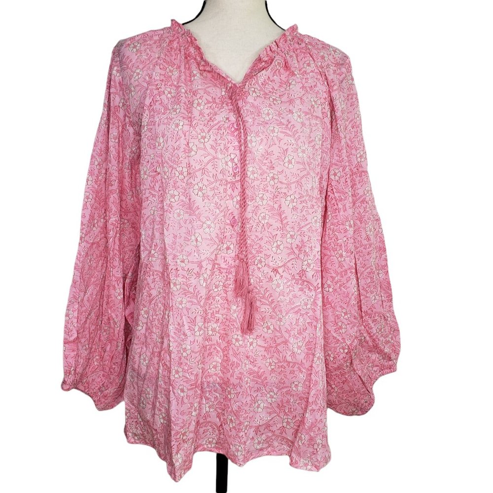 Emerson Fry India Collection Medium Crocus Bardot Peasant Top L/S Tassel Pink